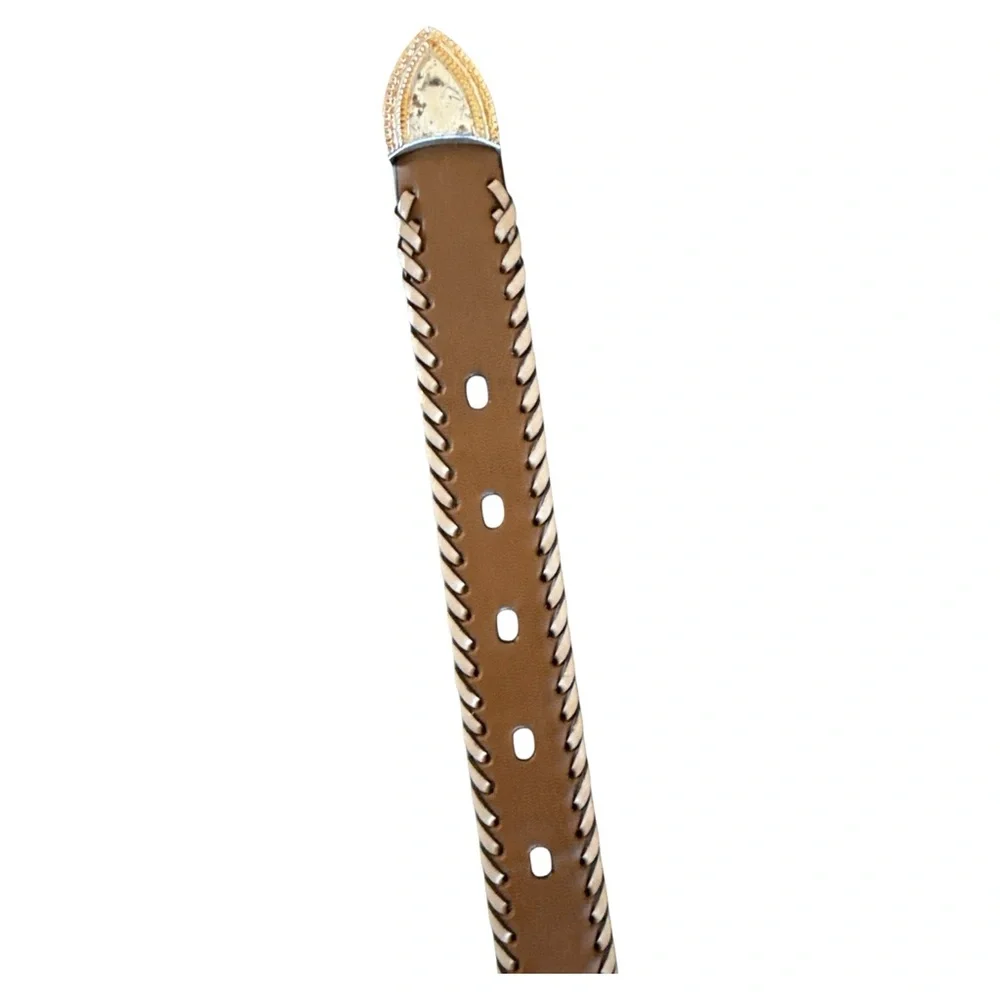 Womens Western Brown Leather Belt Small Concho Braided Laced Rhinestones Cowgirl